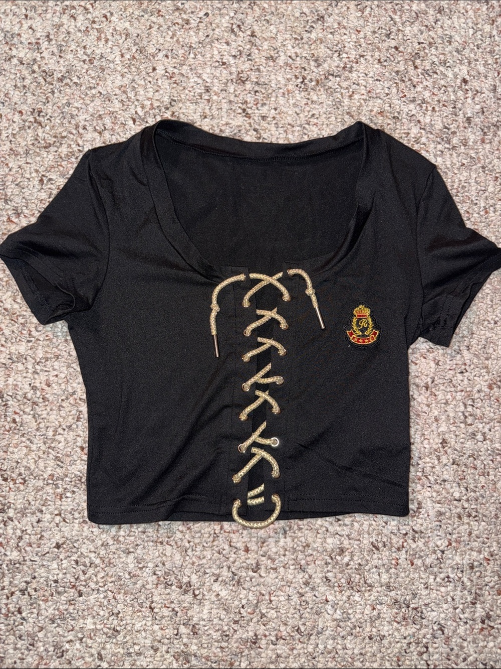 SHEIN Black Cropped Lace-Up Tee with Gold Crest